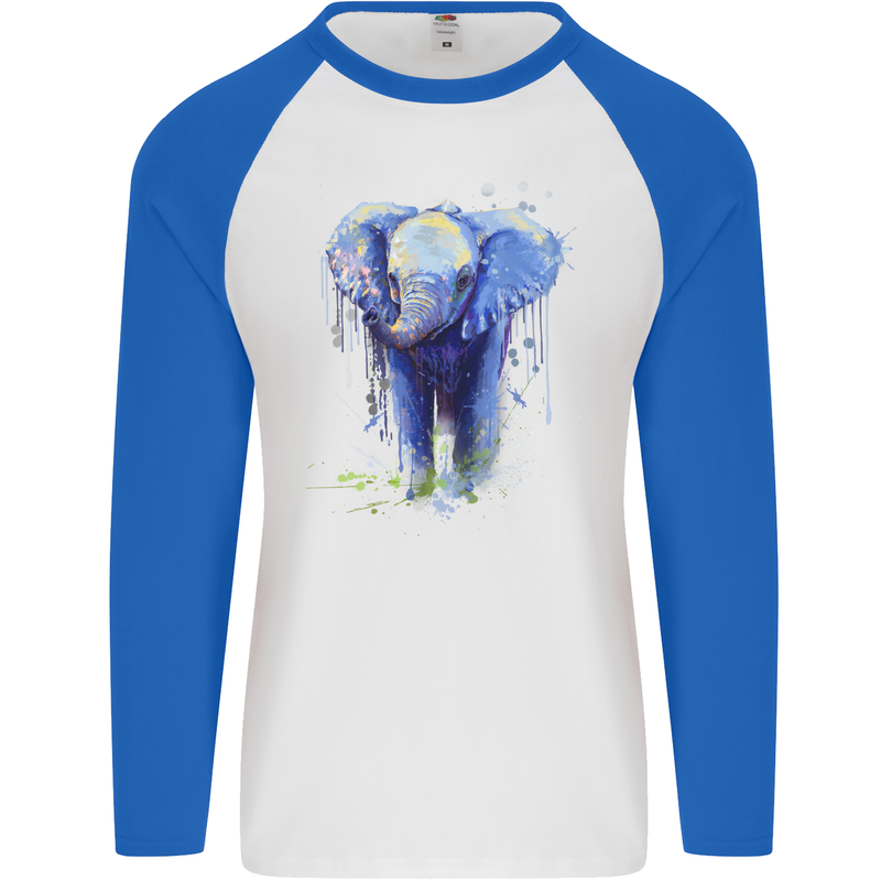 Elephant Watercolour Mens L/S Baseball T-Shirt White/Royal Blue