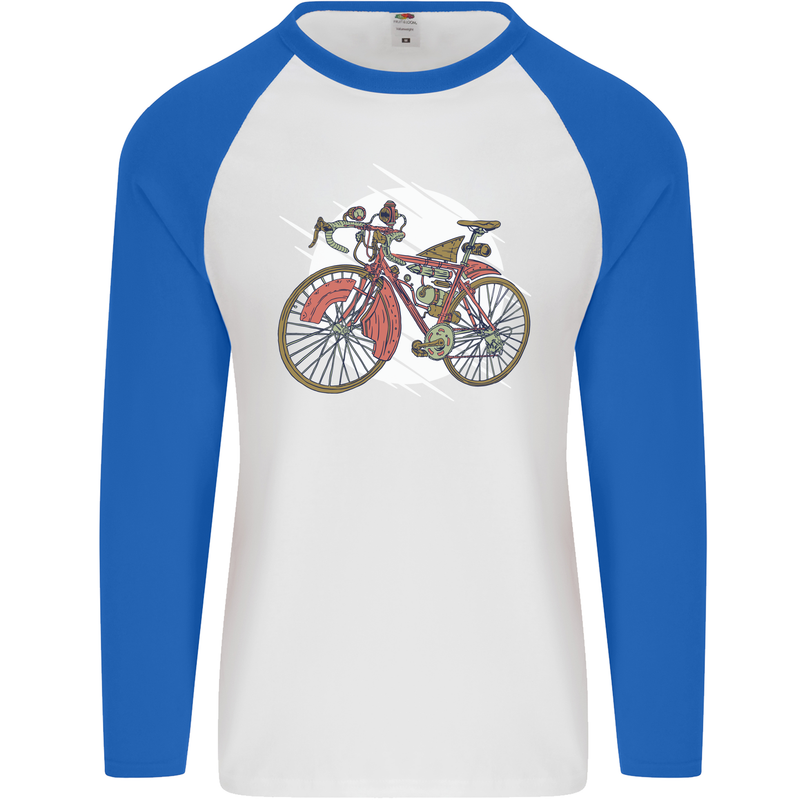 Cycling Steampunk Bicycle Bike Cyclist Mens L/S Baseball T-Shirt White/Royal Blue