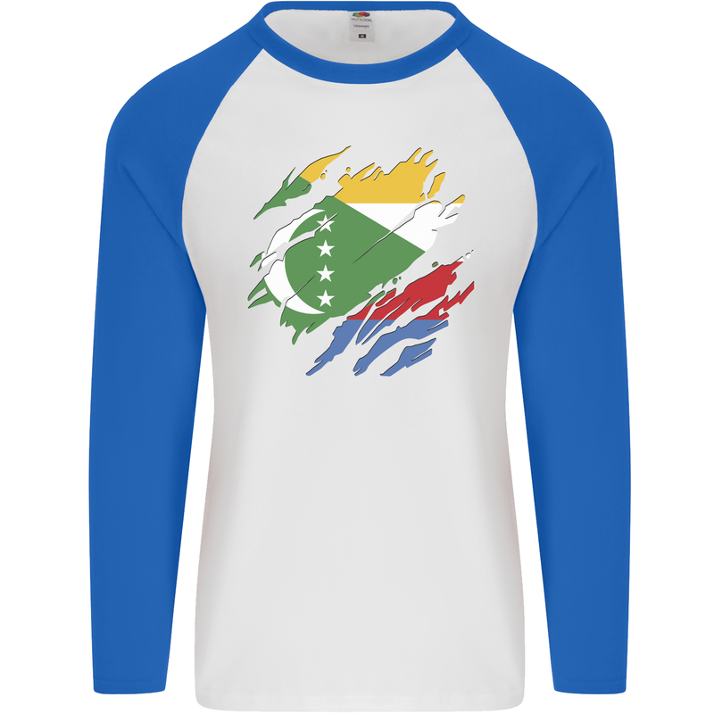 Torn Comoros Flag Comorian Day Football Mens L/S Baseball T-Shirt White/Royal Blue