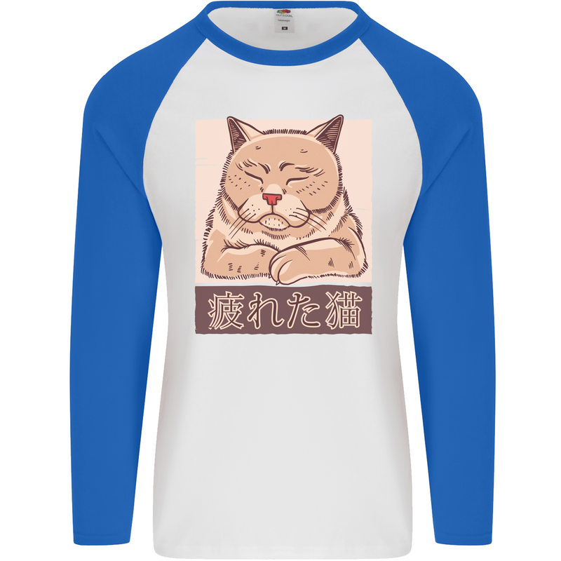 A Tired Cat Mens L/S Baseball T-Shirt White/Royal Blue