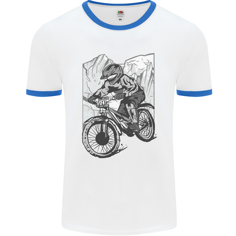 Downhill Mountain Biking DH Bike Cycling Mens Ringer T-Shirt White/Royal Blue