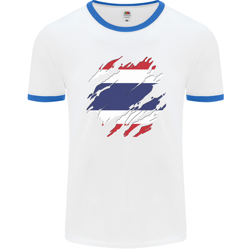 Torn Thailand Flag Thai Day Football Mens Ringer T-Shirt White/Royal Blue