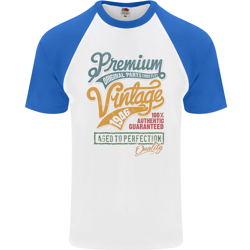 Aged to Perfection 77th Birthday 1946 Mens S/S Baseball T-Shirt White/Royal Blue