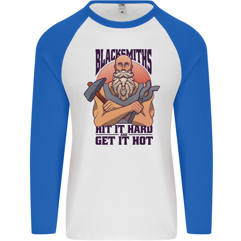 Blacksmiths Hit it Hard and Get it Hot Mens L/S Baseball T-Shirt White/Royal Blue