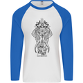 Black Mandala Art Elephant Mens L/S Baseball T-Shirt White/Royal Blue