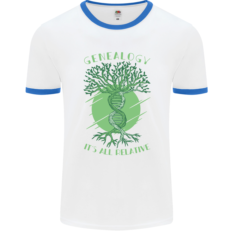 Genealogy Its All Relative Funny DNA Ancestry Mens Ringer T-Shirt White/Royal Blue