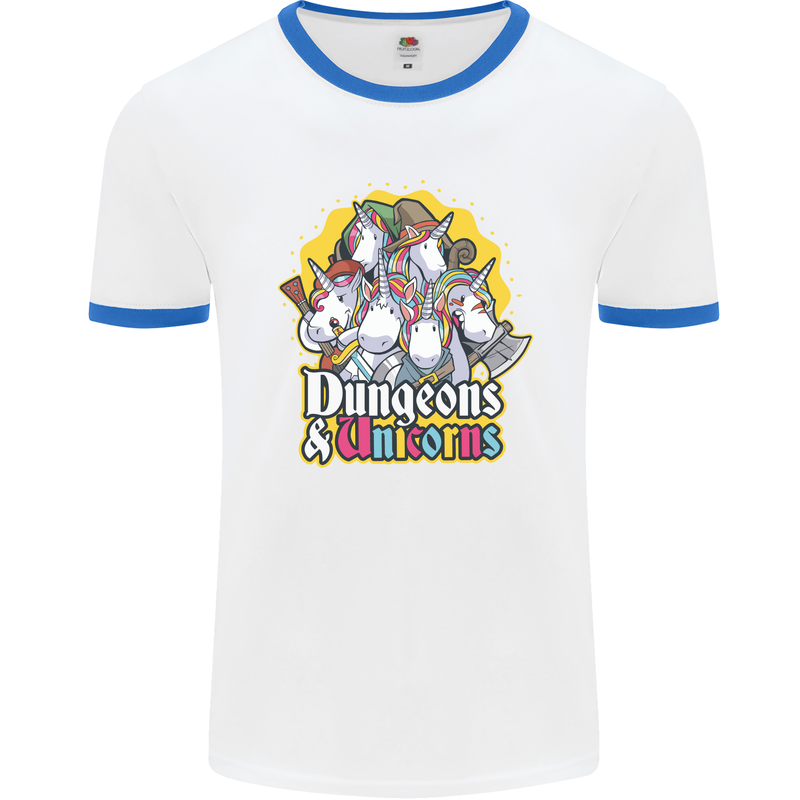 Dungeons & Unicorns Role Play Games RPG Mens Ringer T-Shirt White/Royal Blue