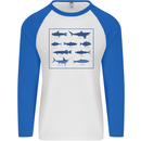 Fish Species Fishing Fisherman Shark Mens L/S Baseball T-Shirt White/Royal Blue