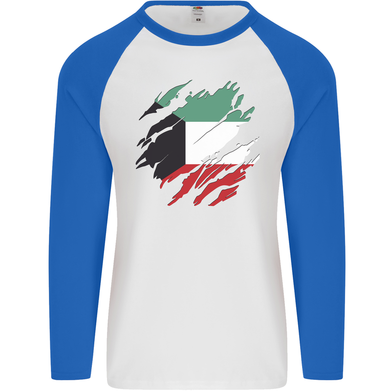 Torn Kuwait Flag Kuwaiti Day Football Mens L/S Baseball T-Shirt White/Royal Blue