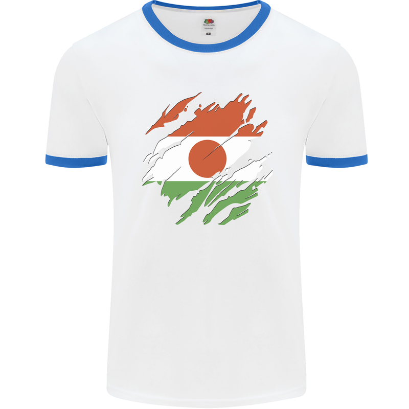 Torn Niger Flag Nigerien Day Football Mens Ringer T-Shirt White/Royal Blue