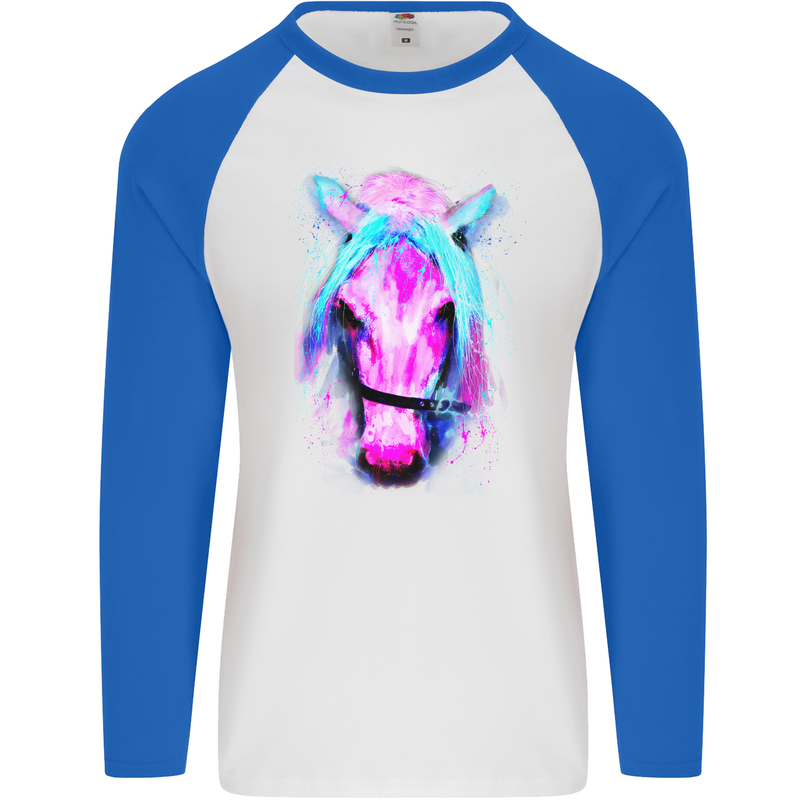 Watercolour Horse Mens L/S Baseball T-Shirt White/Royal Blue