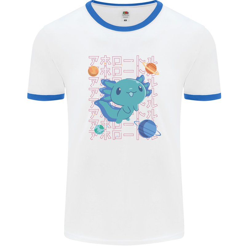 Kawaii Axolotl in Space Mens Ringer T-Shirt White/Royal Blue