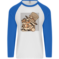 Steampunk Skull With Moustache Mens L/S Baseball T-Shirt White/Royal Blue