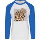 Steampunk Skull With Moustache Mens L/S Baseball T-Shirt White/Royal Blue