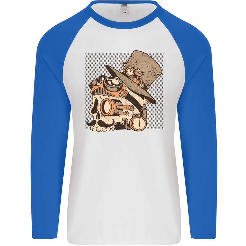 Steampunk Skull With Moustache Mens L/S Baseball T-Shirt White/Royal Blue