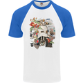 Scooter Colage MOD Culture Moped Bike Mens S/S Baseball T-Shirt White/Royal Blue