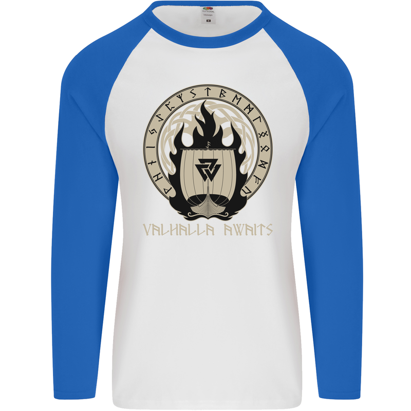 Vikings Valhalla Awaits Valknut Symbol Odin Mens L/S Baseball T-Shirt White/Royal Blue