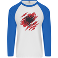 Torn Albania Flag Albanian Day Football Mens L/S Baseball T-Shirt White/Royal Blue