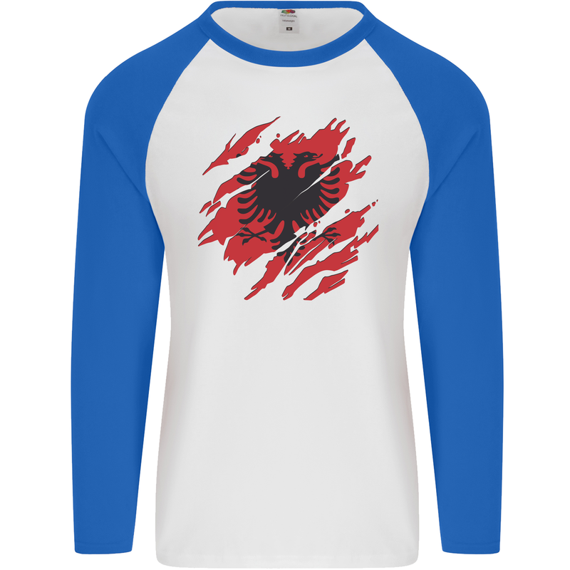 Torn Albania Flag Albanian Day Football Mens L/S Baseball T-Shirt White/Royal Blue