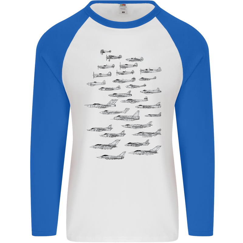 British RAF Fighters Royal Air Force Planes Mens L/S Baseball T-Shirt White/Royal Blue