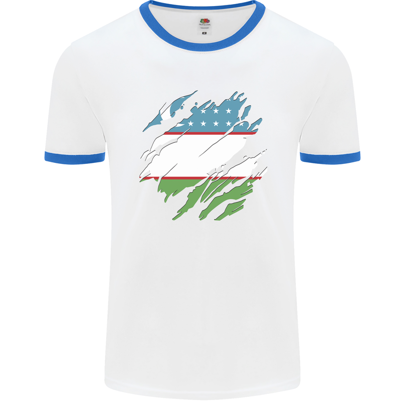 Torn Uzbekistan Flag Ukbek Day Football Mens Ringer T-Shirt White/Royal Blue