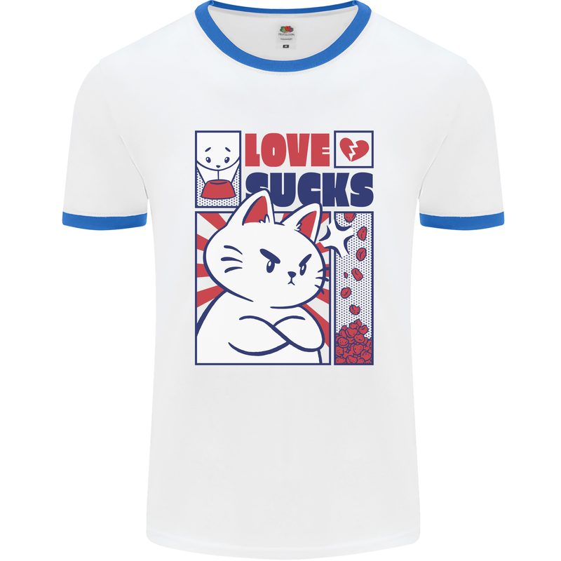 Cat Love Sucks Anti Valentines Singles Day Mens Ringer T-Shirt White/Royal Blue