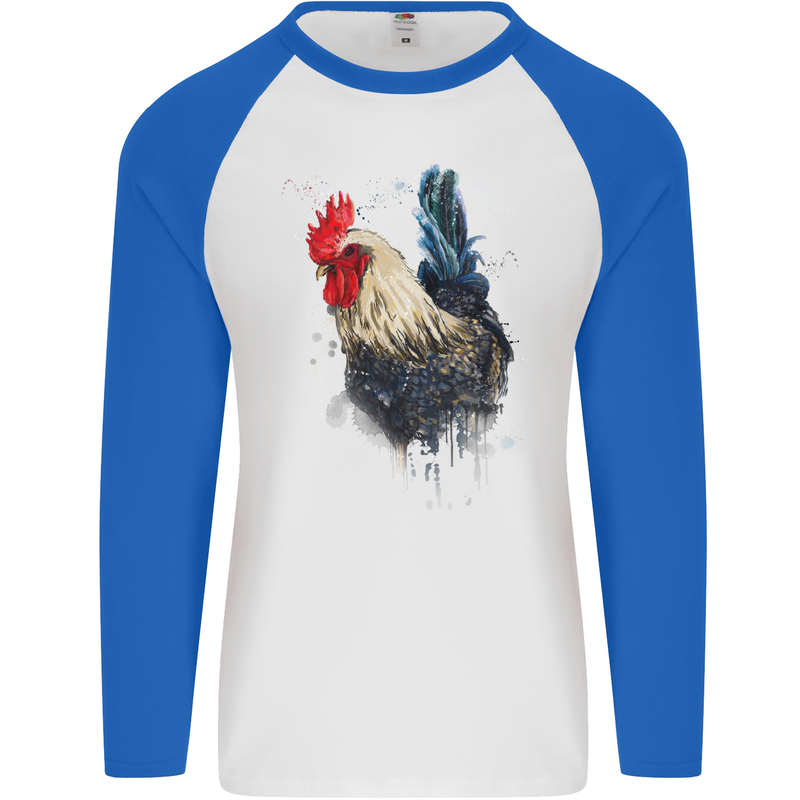 A Chicken Watercolour Mens L/S Baseball T-Shirt White/Royal Blue