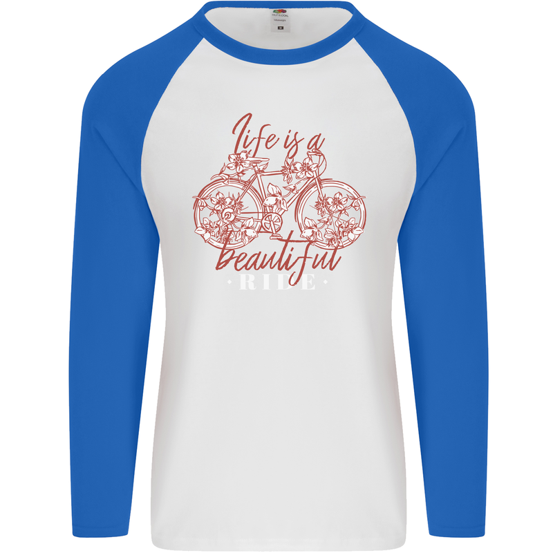 Life is a Beautiful Ride Cycling Bicycle Mens L/S Baseball T-Shirt White/Royal Blue