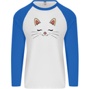 Cute Cat Face Mens L/S Baseball T-Shirt White/Royal Blue