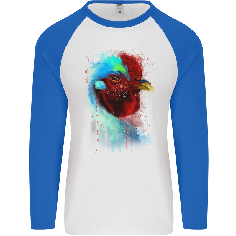 A Chicken Watercolour Mens L/S Baseball T-Shirt White/Royal Blue