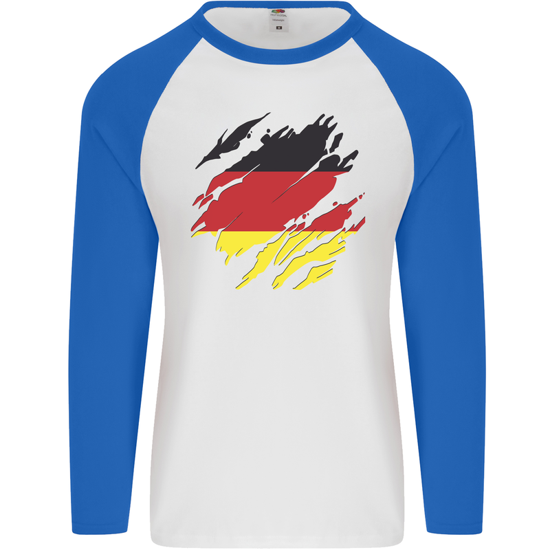 Torn Germany Flag German Day Football Mens L/S Baseball T-Shirt White/Royal Blue