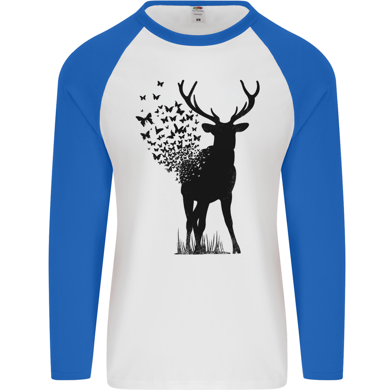 Abstract Butterfly Deer Ecology Environment Mens L/S Baseball T-Shirt White/Royal Blue