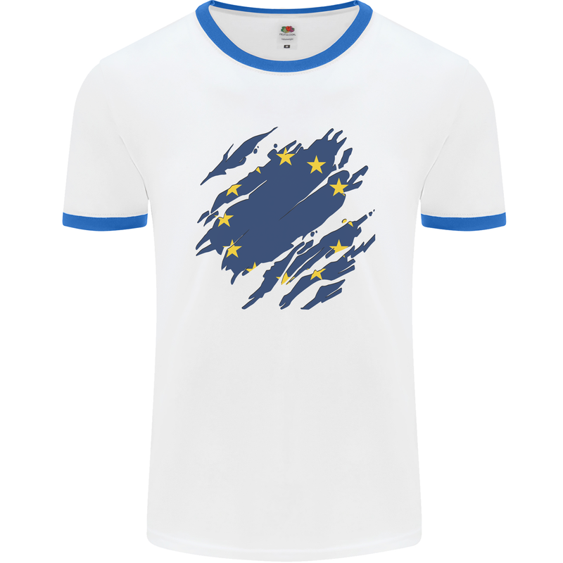 Torn EU Flag European Union Flag Football Mens Ringer T-Shirt White/Royal Blue