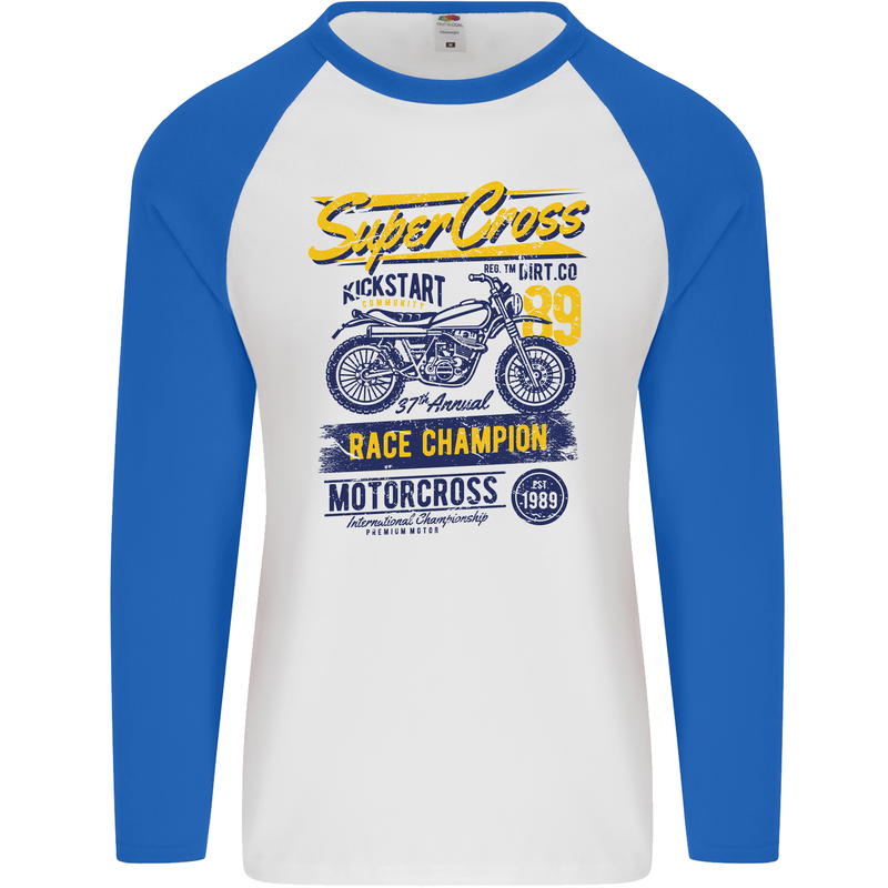 Supercross MotoX Dirt Bike Motocross Mens L/S Baseball T-Shirt White/Royal Blue