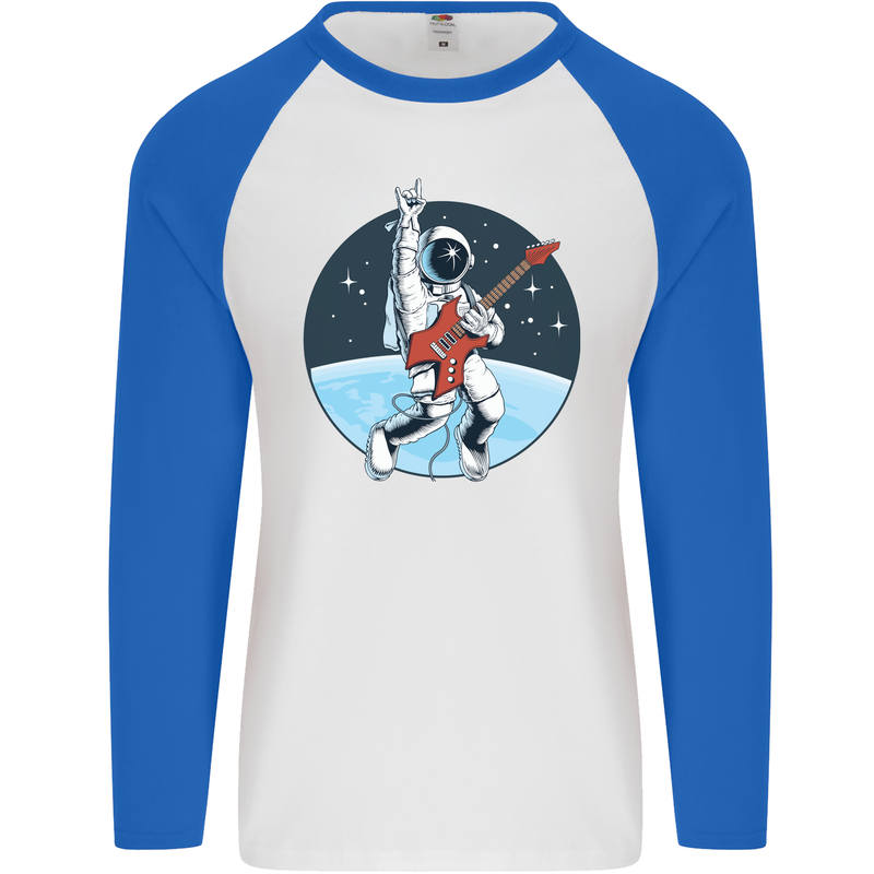 Space Rock Funny Astronaut Guitar Guitarist Mens L/S Baseball T-Shirt White/Royal Blue