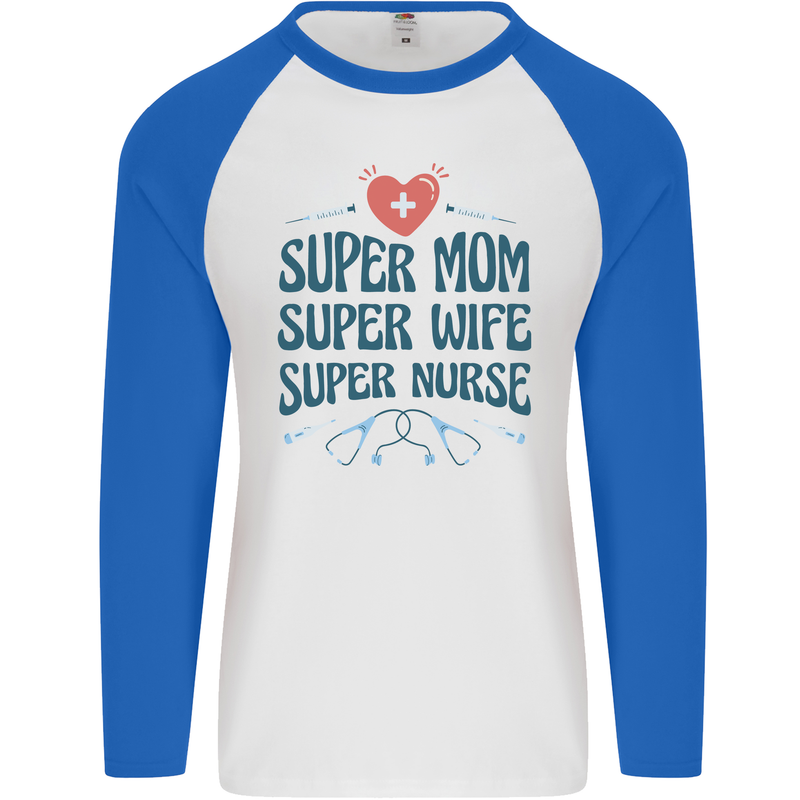 Super Mom Wife Nurse Mothers Day Gift Mens L/S Baseball T-Shirt White/Royal Blue