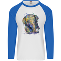 Elephant Hand Drawn Watercolour Mens L/S Baseball T-Shirt White/Royal Blue