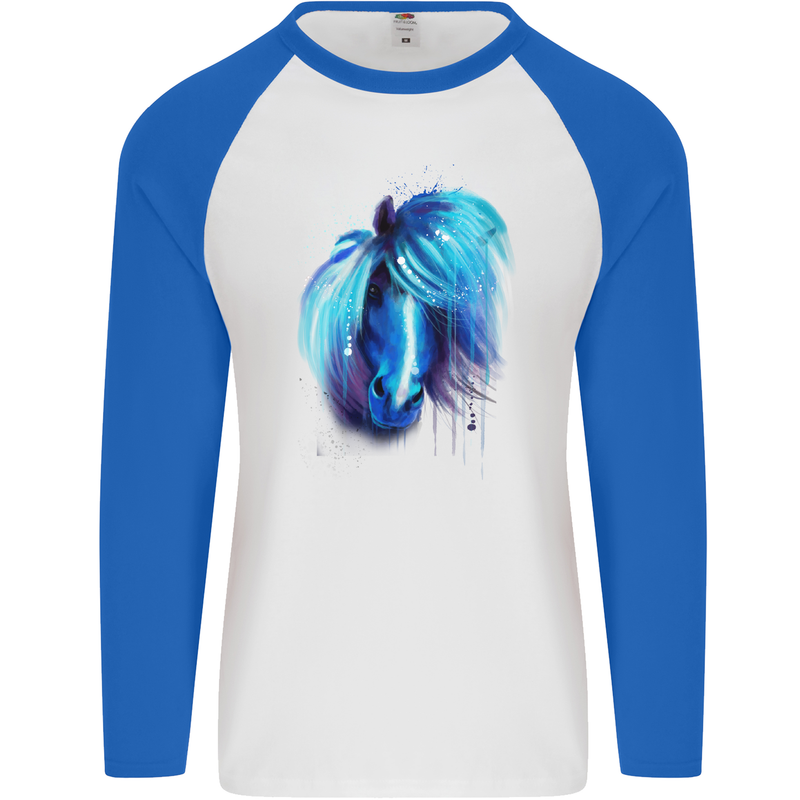 Watercolour Horse Mens L/S Baseball T-Shirt White/Royal Blue