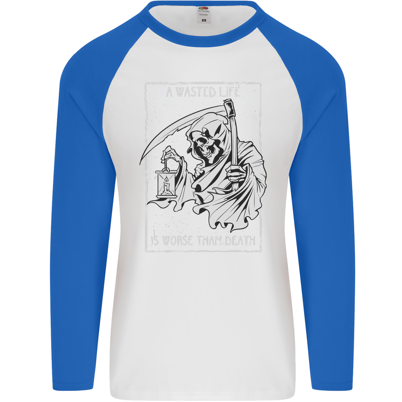 Wasted Life Grim Reaper Gothic Biker Skull Mens L/S Baseball T-Shirt White/Royal Blue