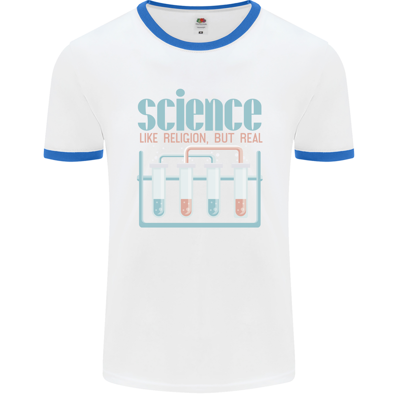 Science Like Religion Atheist Atheism Evolution Mens Ringer T-Shirt White/Royal Blue
