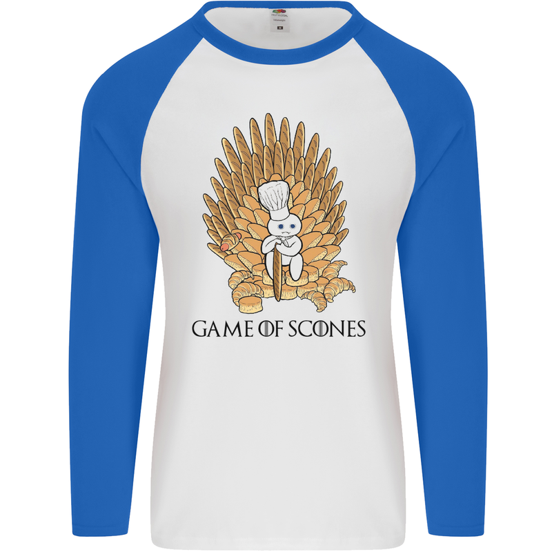 Game of Scones Funny Movie Parody GOT Mens L/S Baseball T-Shirt White/Royal Blue