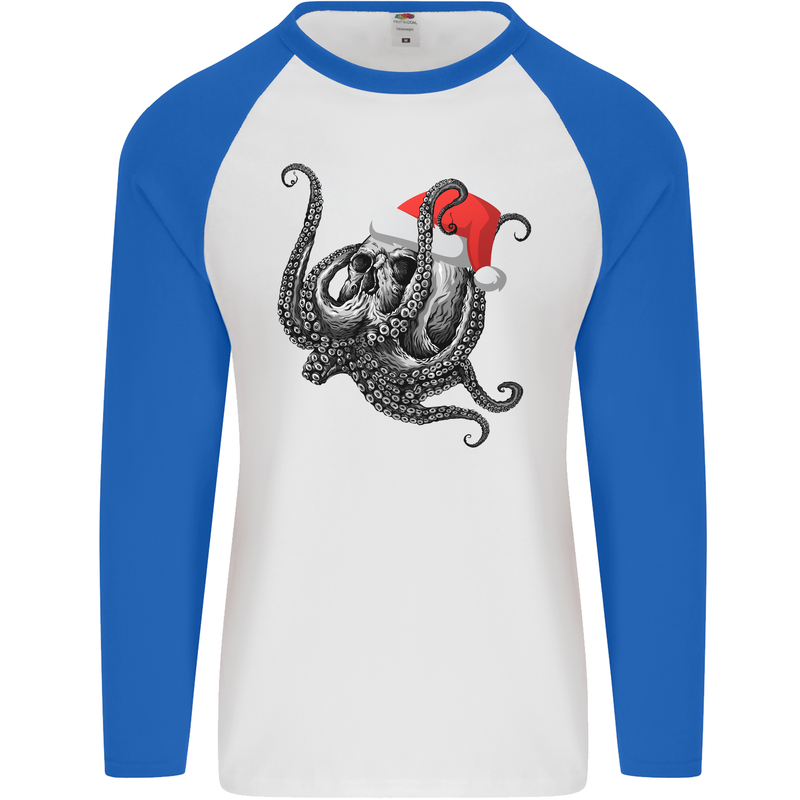 Christmas Cthulhu Skull Mens L/S Baseball T-Shirt White/Royal Blue