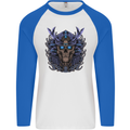 Samurai Skull MMA Martial Arts Gym Training Mens L/S Baseball T-Shirt White/Royal Blue