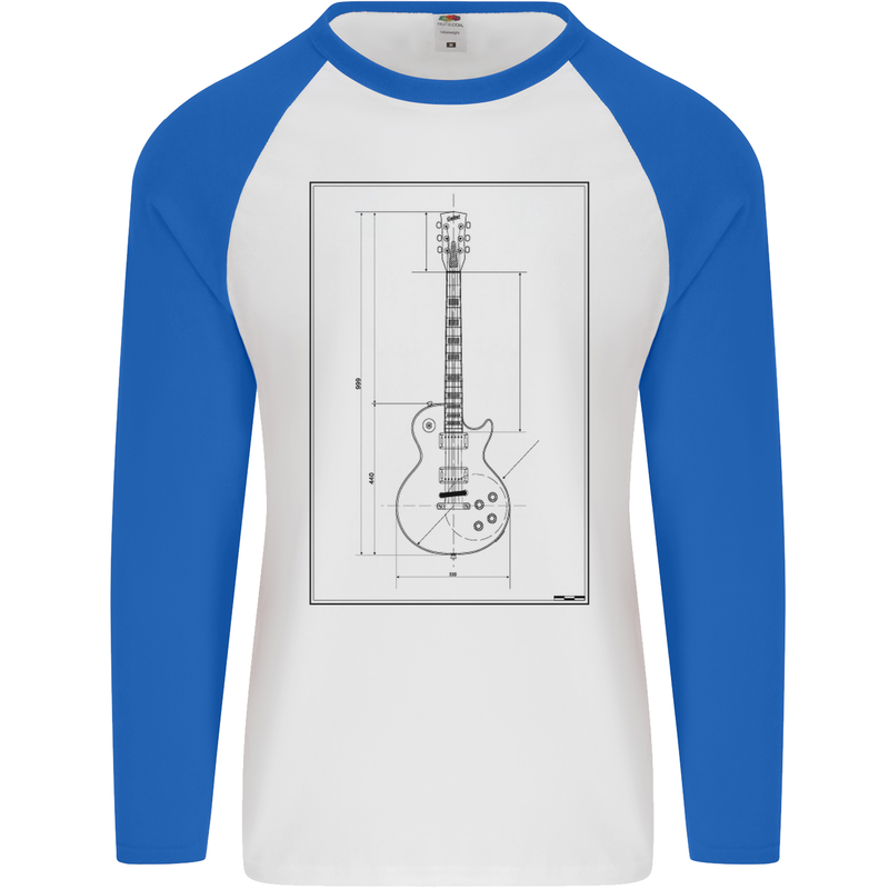 Guitar Blueprint Guitarist Electric Mens L/S Baseball T-Shirt White/Royal Blue