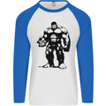 Muscle Man Gym Training Top Bodybuilding Mens L/S Baseball T-Shirt White/Royal Blue