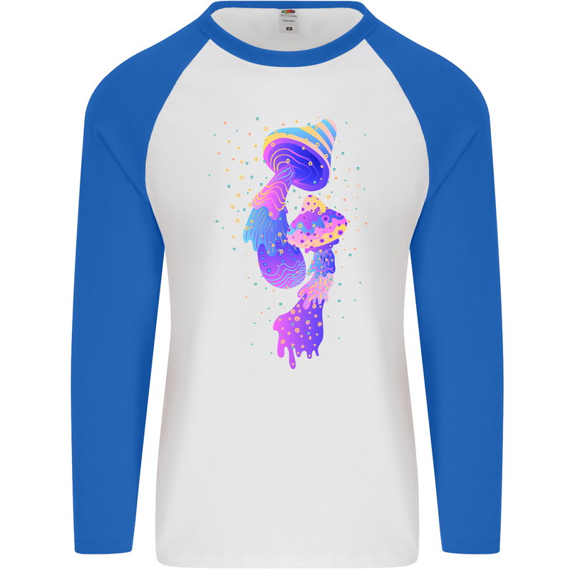 Psychedelic Magic Mushrooms LSD Mens L/S Baseball T-Shirt White/Royal Blue