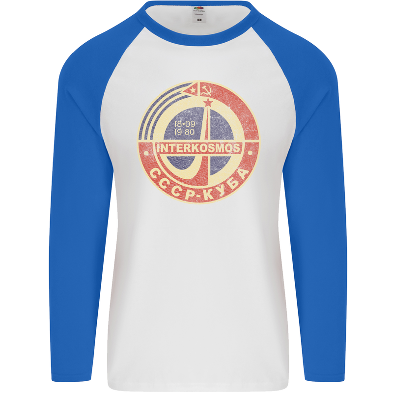 INTERKOSMOS Logo CCCP  Soviet Space USSR Mens L/S Baseball T-Shirt White/Royal Blue