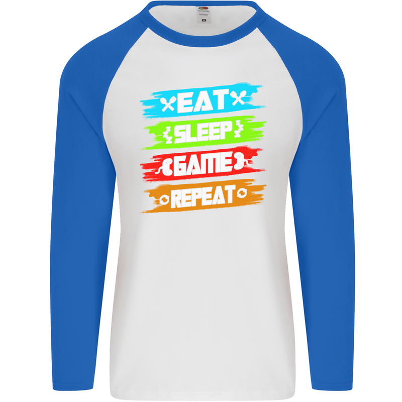 Eat Sleep Game Funny Gamer Gamming Mens L/S Baseball T-Shirt White/Royal Blue