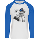 Space Ghetto Blaster Astronaut Music Mens L/S Baseball T-Shirt White/Royal Blue