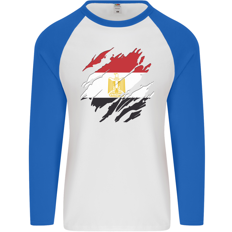 Torn Egypt Flag Egyptian Day Football Mens L/S Baseball T-Shirt White/Royal Blue